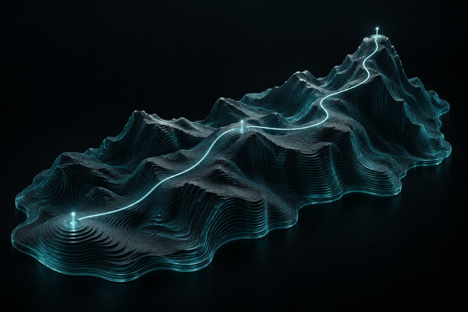 A luminous career path climbs a teal landscape from understanding your industry, through interview preparation, to your next opportunity.