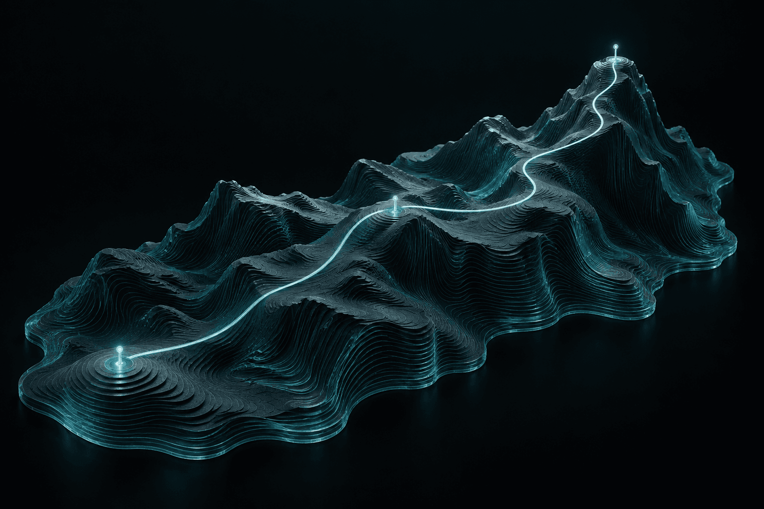 A luminous path rises through a teal landscape toward a summit.